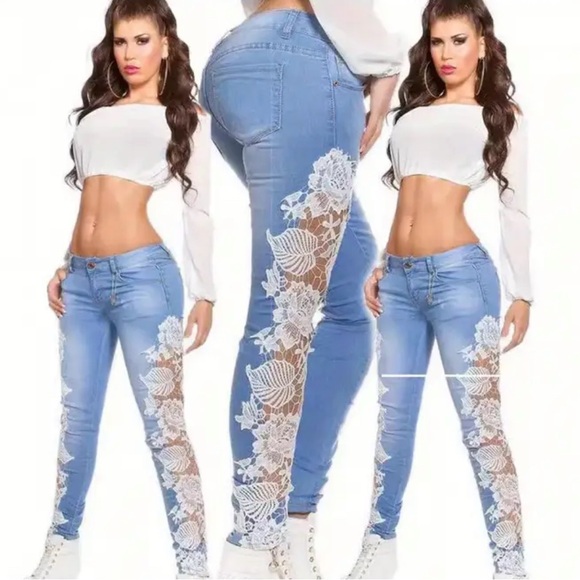 Denim - XXL-Women's Skinny Fit Hollow Out Lace Contrast Jeans